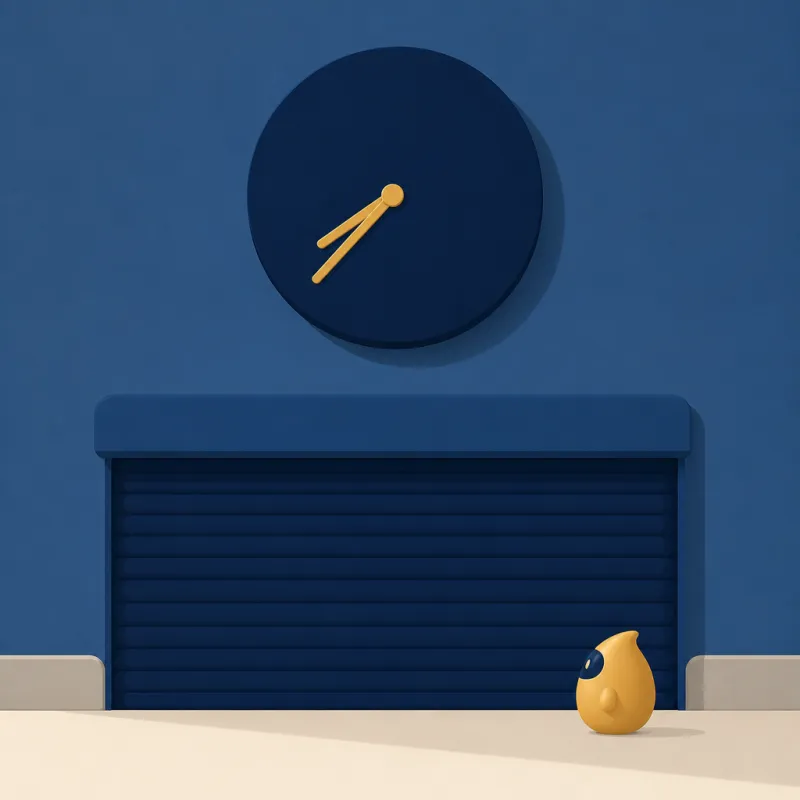 Reloj de pared de noche con la persiana de la clínica bajada