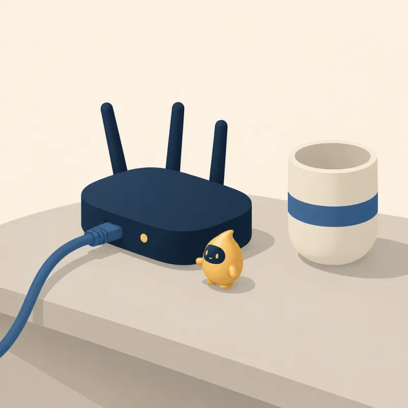 Router con un cable de red sobre una mesa clara, junto a una taza.