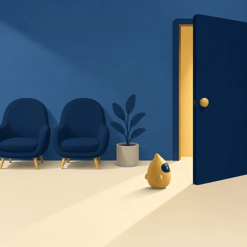 Sala de espera vacía con una puerta entreabierta y luz cálida al fondo