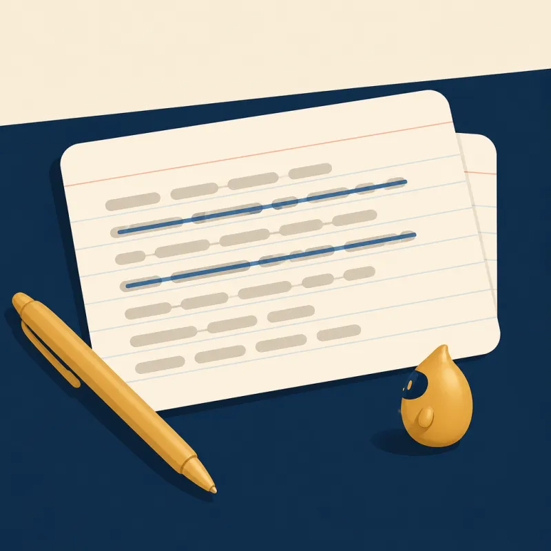 Ficha de papel con anotaciones a mano sobre un escritorio, con un bolígrafo al lado.