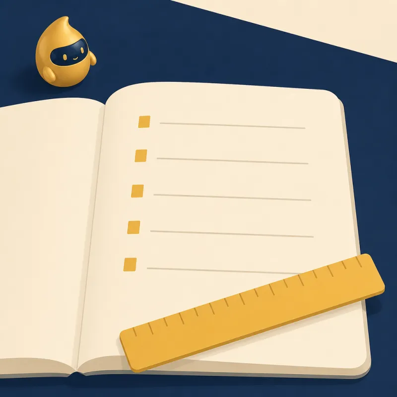 Cuaderno cuadriculado con cinco filas dibujadas a mano y una regla