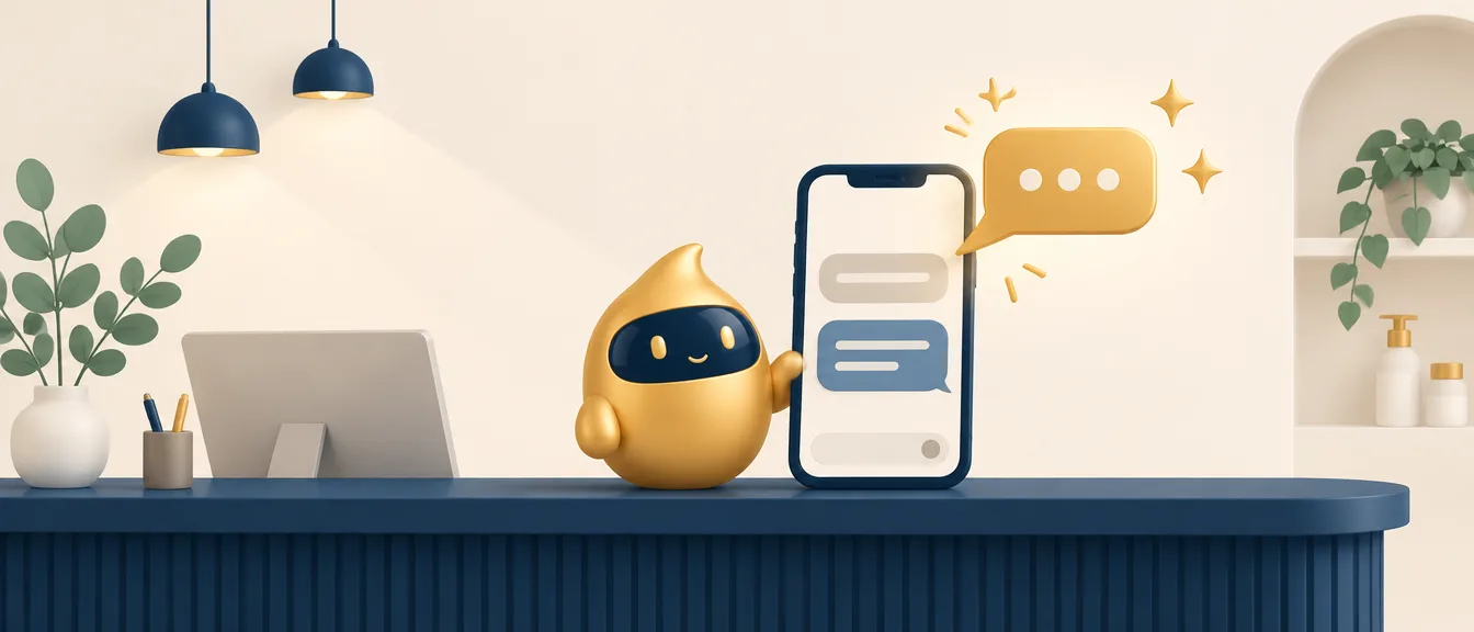 Mensaje automático de WhatsApp Business saliendo de un móvil en el mostrador de una clínica