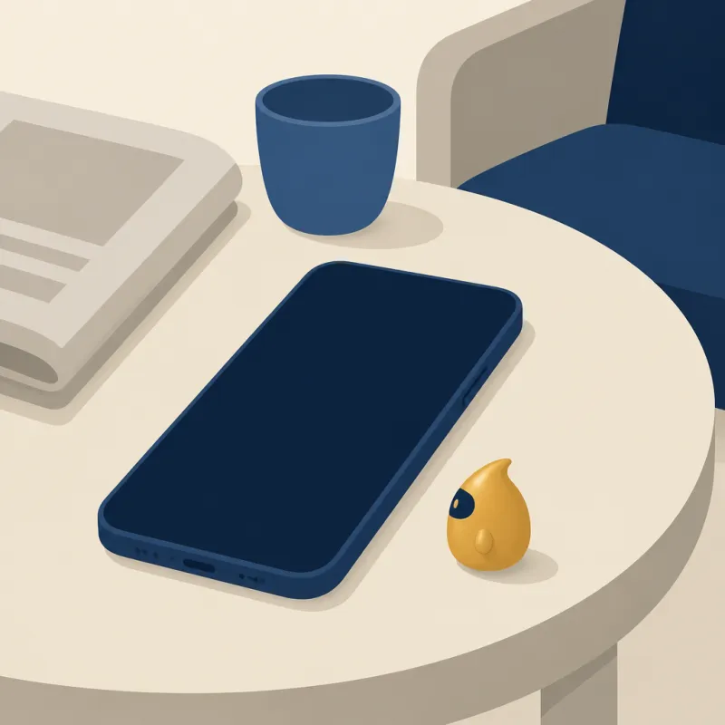 Móvil con la pantalla apagada sobre la mesa baja de una sala de espera.