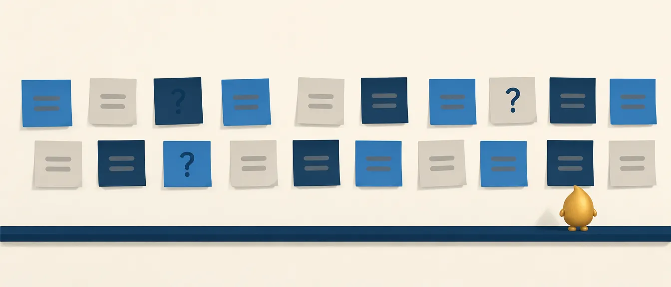 Pared llena de notas adhesivas en tonos azules y crema, tres de ellas con un signo de interrogacion dibujado
