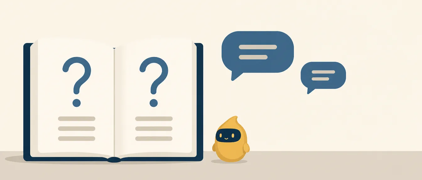 Un libro grande abierto de pie con un signo de interrogación dibujado en cada página y dos burbujas de conversación flotando a la derecha