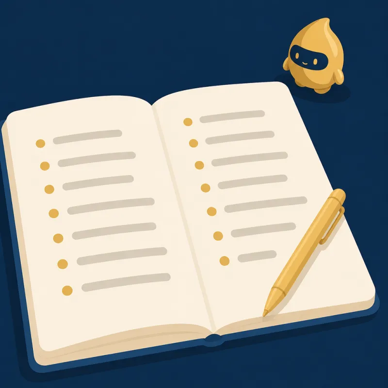 Libreta abierta con una lista de preguntas y un bolígrafo encima