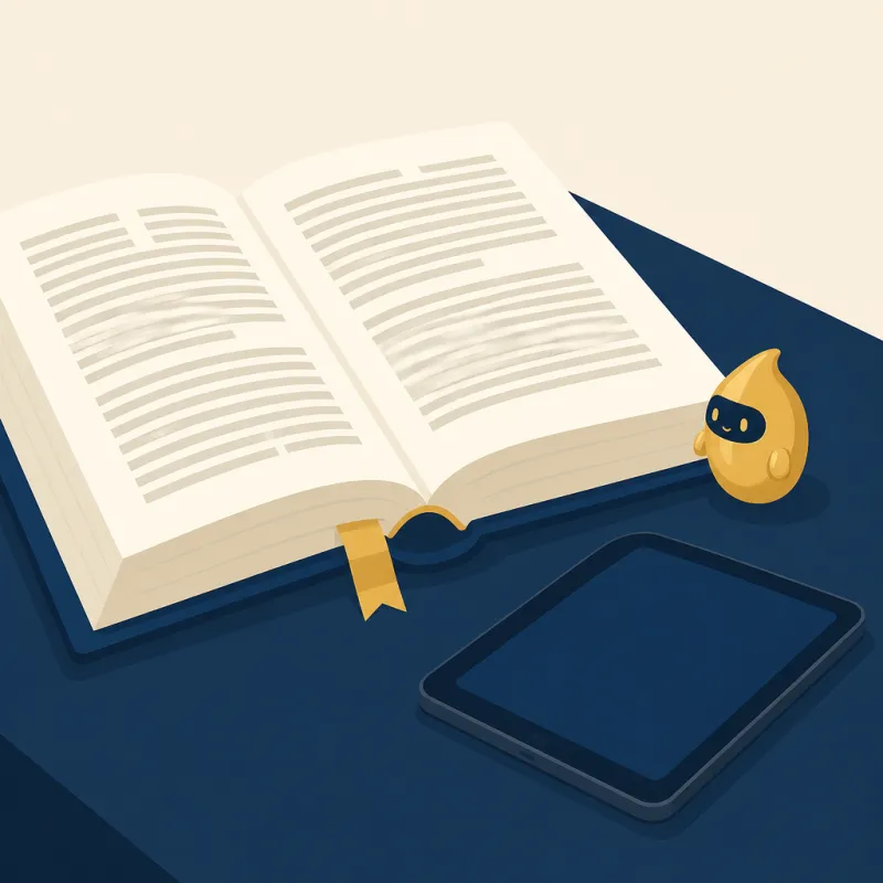 Libro de normas abierto sobre una mesa junto a una tableta apagada