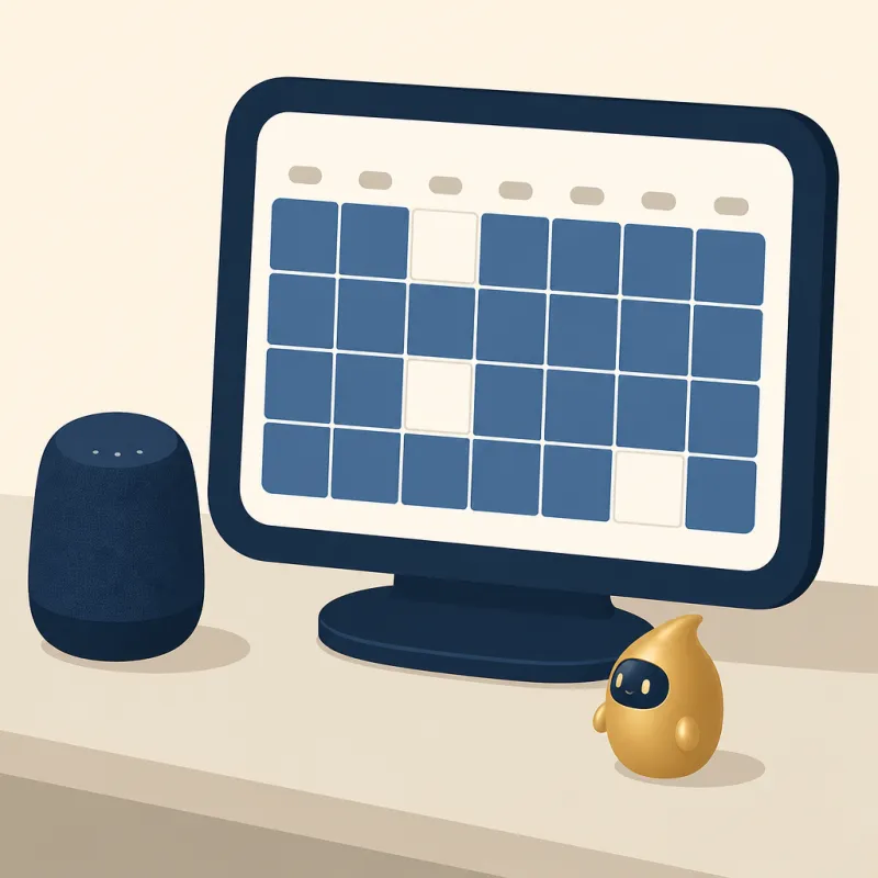 Pantalla con una agenda de citas y un altavoz inteligente sobre el mostrador