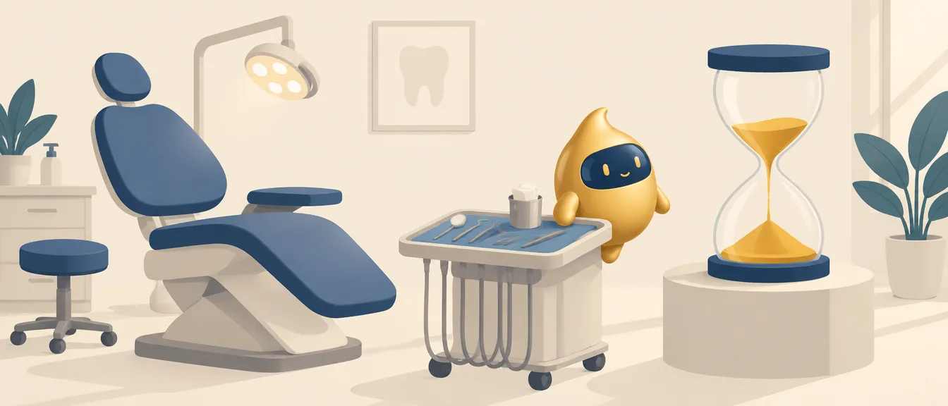 Gabinete dental con el sillón vacío, el instrumental preparado y un reloj de arena que se vacía