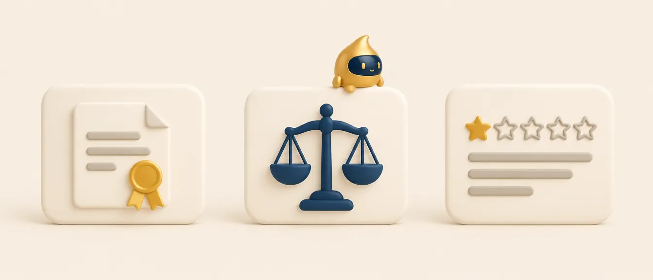 Tres tarjetas con una sanción, la balanza de la justicia y una reseña de una estrella: lo que arriesga una clínica estética