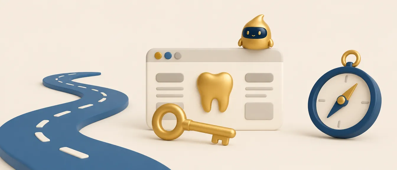 Doctoralia o web propia: la web propia de una clínica con un diente dorado, una llave grande, un camino que llega hasta ella y una brújula Doctoralia o web propia: la web propia de una clínica con un diente dorado, una llave grande, un camino que llega hasta ella y una brújula