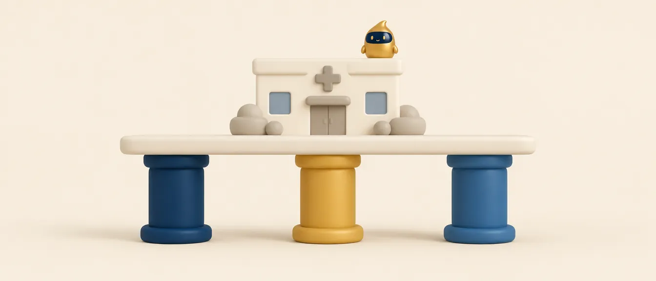 Doctoralia o web propia y el reparto del riesgo: una clínica sostenida por tres pilares de distinto color sobre una plataforma Doctoralia o web propia y el reparto del riesgo: una clínica sostenida por tres pilares de distinto color sobre una plataforma