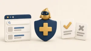 Google Ads para clínica estética: una ventana de búsqueda con anuncios, un escudo con cruz de salud y dos documentos, uno aprobado y otro rechazado