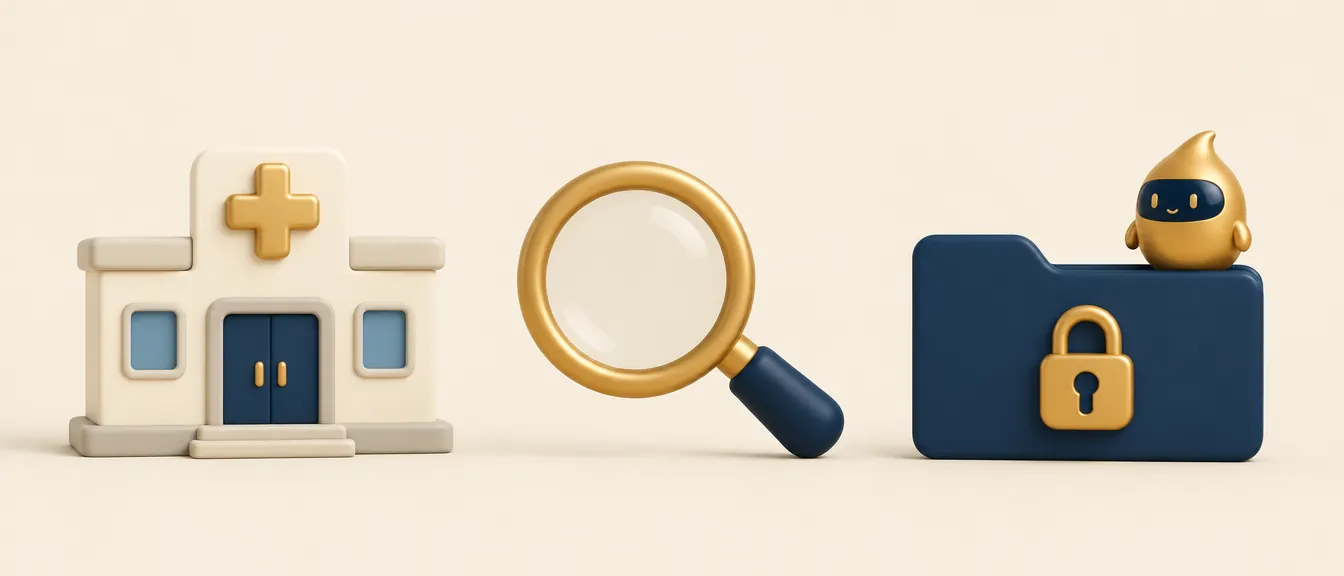Google Ads para clínica estética: un edificio de clínica con cruz de salud, una lupa y una carpeta cerrada con candado Google Ads para clínica estética: un edificio de clínica con cruz de salud, una lupa y una carpeta cerrada con candado