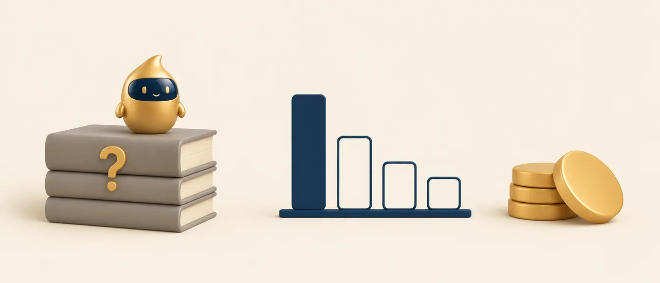 Datos de Google Ads para clínica estética: libros con una interrogación, un gráfico con una sola barra llena y unas monedas lisas Datos de Google Ads para clínica estética: libros con una interrogación, un gráfico con una sola barra llena y unas monedas lisas