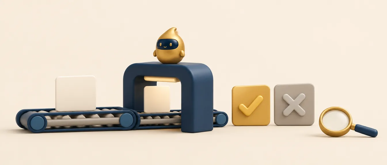 Revisión de anuncios de Google Ads para clínica estética: una cinta transportadora que pasa un anuncio por un arco, con una marca de aprobado y otra de rechazado Revisión de anuncios de Google Ads para clínica estética: una cinta transportadora que pasa un anuncio por un arco, con una marca de aprobado y otra de rechazado