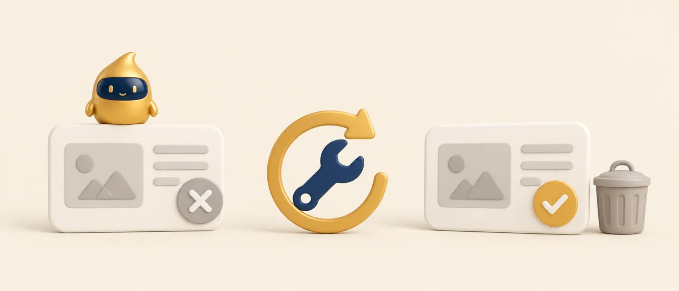 Anuncio rechazado de Google Ads para clínica estética: una tarjeta con cruz, una llave inglesa con flecha circular y la tarjeta corregida con marca de verificación Anuncio rechazado de Google Ads para clínica estética: una tarjeta con cruz, una llave inglesa con flecha circular y la tarjeta corregida con marca de verificación