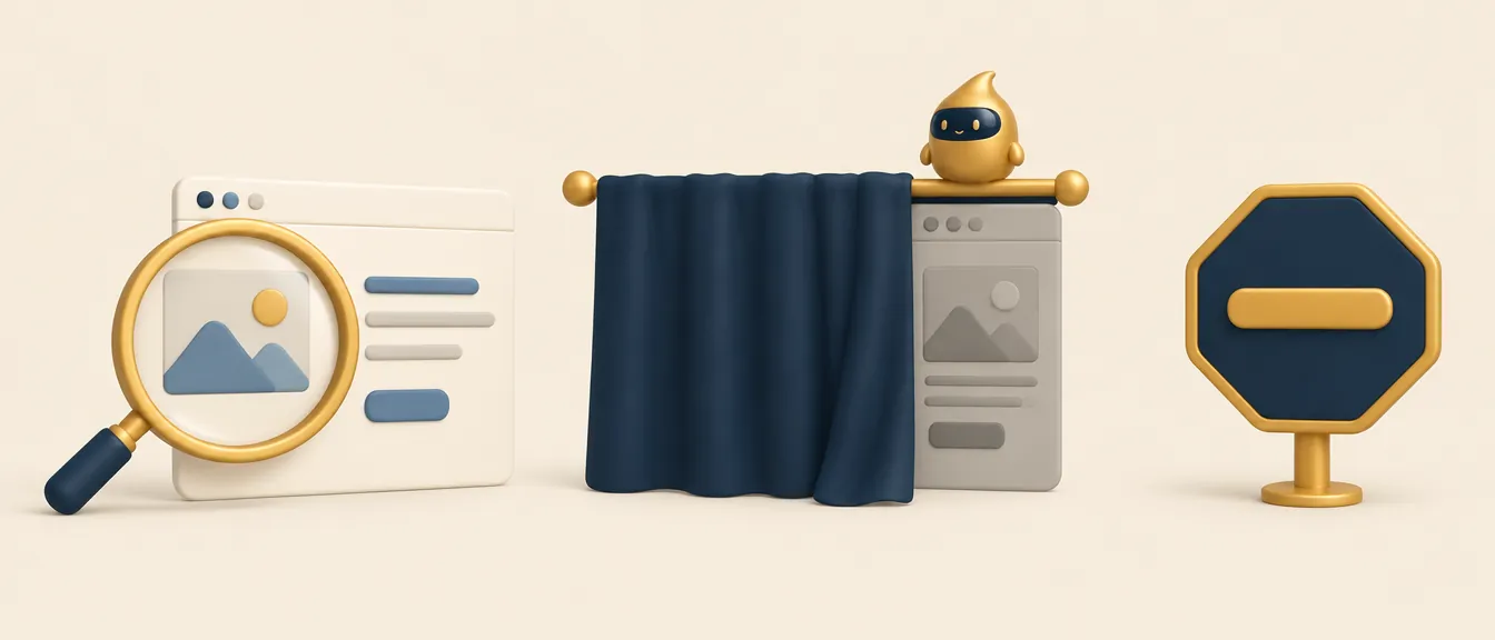 Google Ads para clínica estética y la elusión de la revisión: una web limpia ante una lupa, una cortina que tapa otra web y una señal de stop Google Ads para clínica estética y la elusión de la revisión: una web limpia ante una lupa, una cortina que tapa otra web y una señal de stop