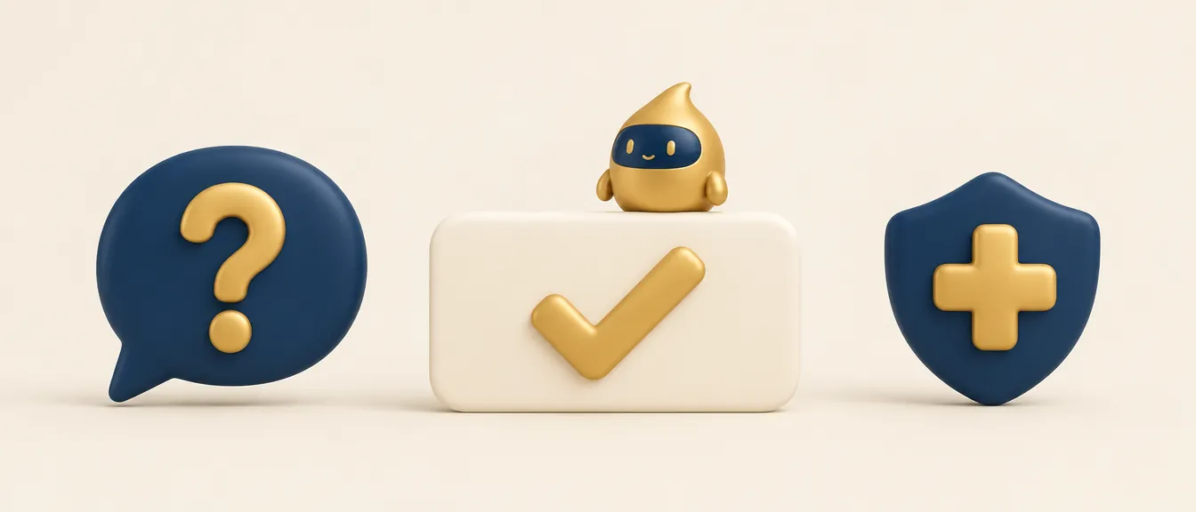 Preguntas sobre Google Ads para clínica estética: una burbuja con interrogación, un anuncio con marca de verificación y un escudo con cruz Preguntas sobre Google Ads para clínica estética: una burbuja con interrogación, un anuncio con marca de verificación y un escudo con cruz
