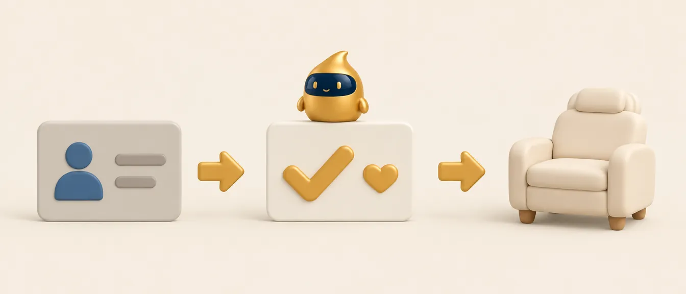 Leads para clínica estética: de una tarjeta de contacto a una tarjeta con marca de verificación y a un sillón de clínica Leads para clínica estética: de una tarjeta de contacto a una tarjeta con marca de verificación y a un sillón de clínica