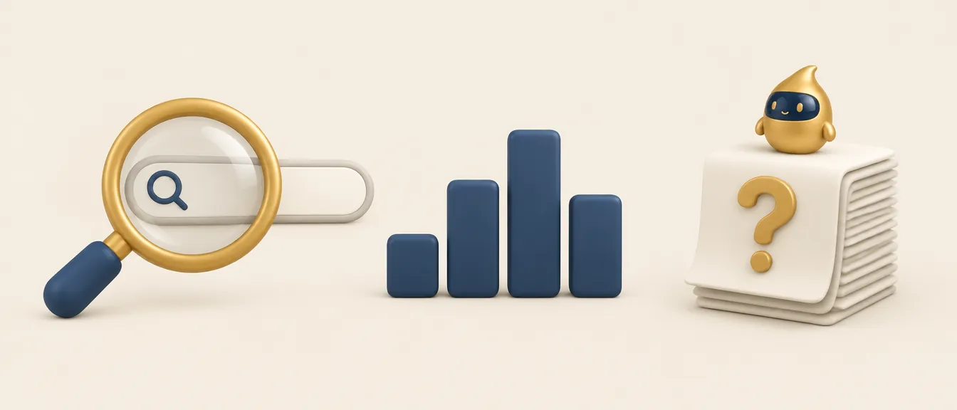Leads para clínica estética y los datos disponibles: una lupa sobre una barra de búsqueda, un gráfico de barras sin cifras y unos papeles con una interrogación Leads para clínica estética y los datos disponibles: una lupa sobre una barra de búsqueda, un gráfico de barras sin cifras y unos papeles con una interrogación