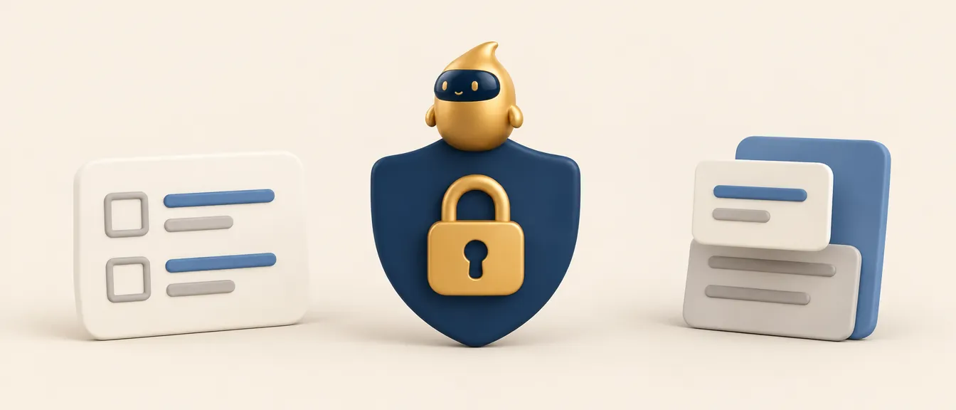 Leads para clínica estética y protección de datos: un formulario con casillas vacías, un escudo con candado y tarjetas por capas Leads para clínica estética y protección de datos: un formulario con casillas vacías, un escudo con candado y tarjetas por capas