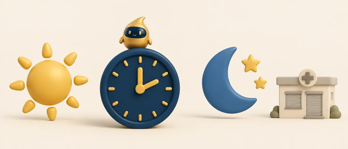 Llamadas perdidas en una clínica dental según la hora: un sol, un gran reloj, una luna con estrellas y una clínica con las persianas cerradas