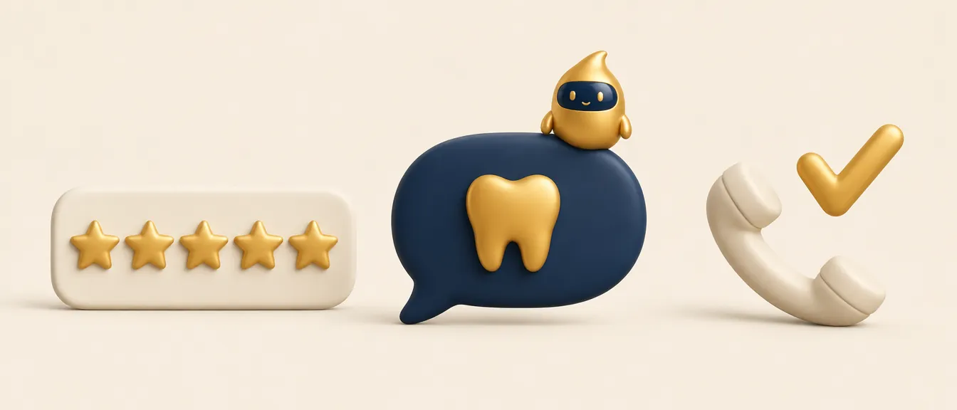 Pacientes privados en una clínica dental: qué esperan, con cinco estrellas de opiniones, un mensaje con un diente dorado y una llamada atendida