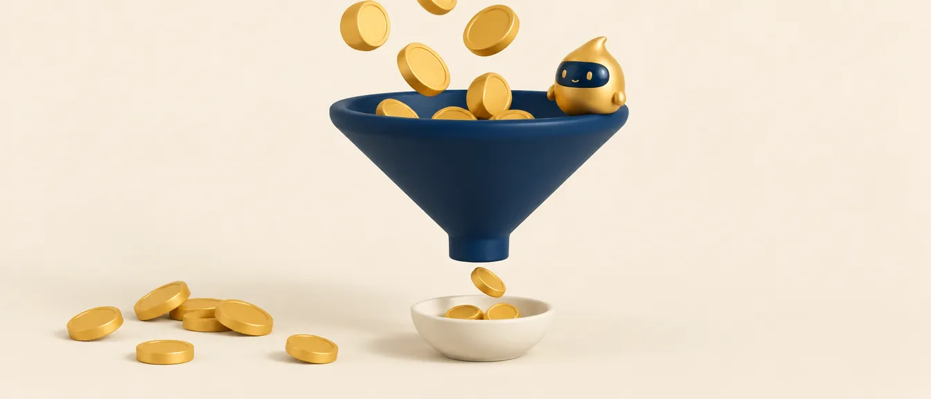 Presupuestos dentales no aceptados y el tratamiento que no se factura: un embudo azul marino por el que caen muchas monedas y salen pocas