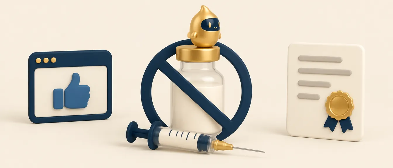 Vial y jeringuilla dentro de una señal de prohibido junto a un navegador con un me gusta, sobre la publicidad de botox en una clínica estética