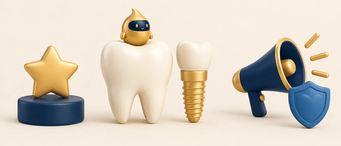 Diente con un implante dental dorado, una estrella sobre pedestal y un megáfono, sobre la publicidad de implantes en una clínica dental