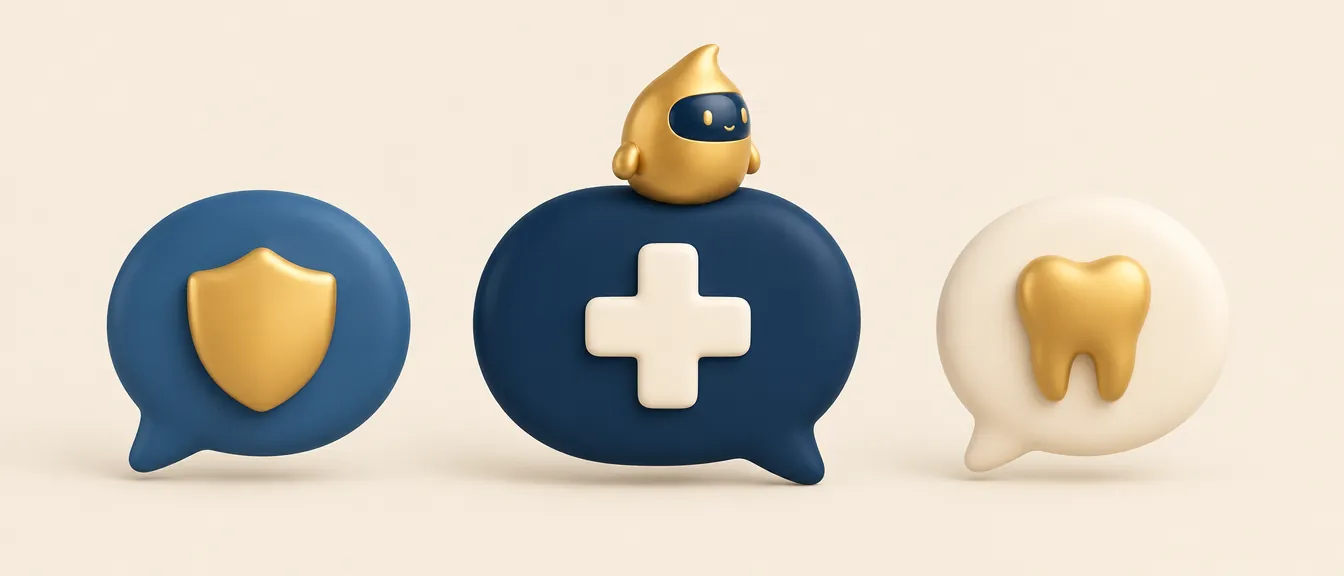 Tres bocadillos de diálogo con una cruz médica, un escudo y un diente, sobre las preguntas frecuentes de la publicidad sanitaria