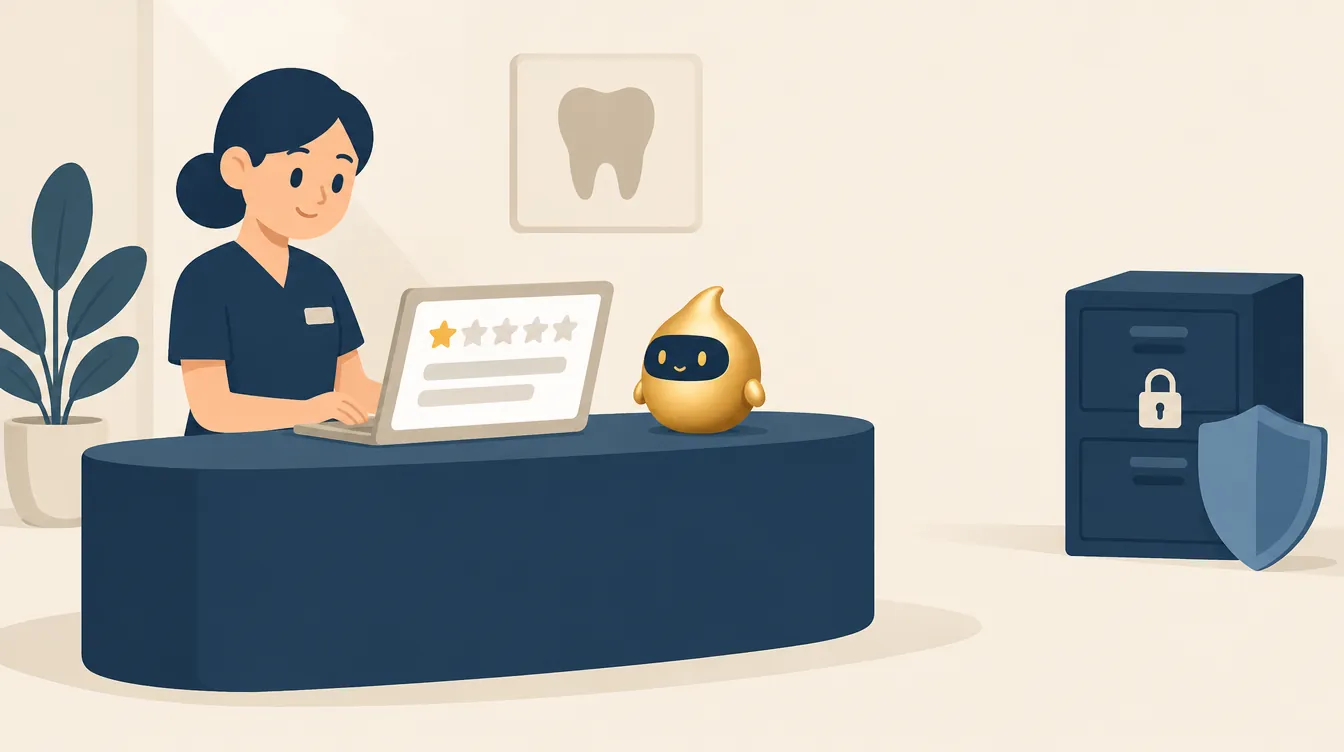 Recepción de una clínica dental con una reseña negativa de una estrella en la pantalla del portátil